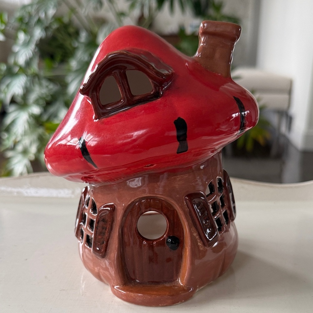 Mushroom House Ceramic Candle Votive - Incense Burner - Fairy House